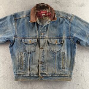 Vintage 90s Marlboro Denim Tucker Jacket Mens Large Blue Leather Collar